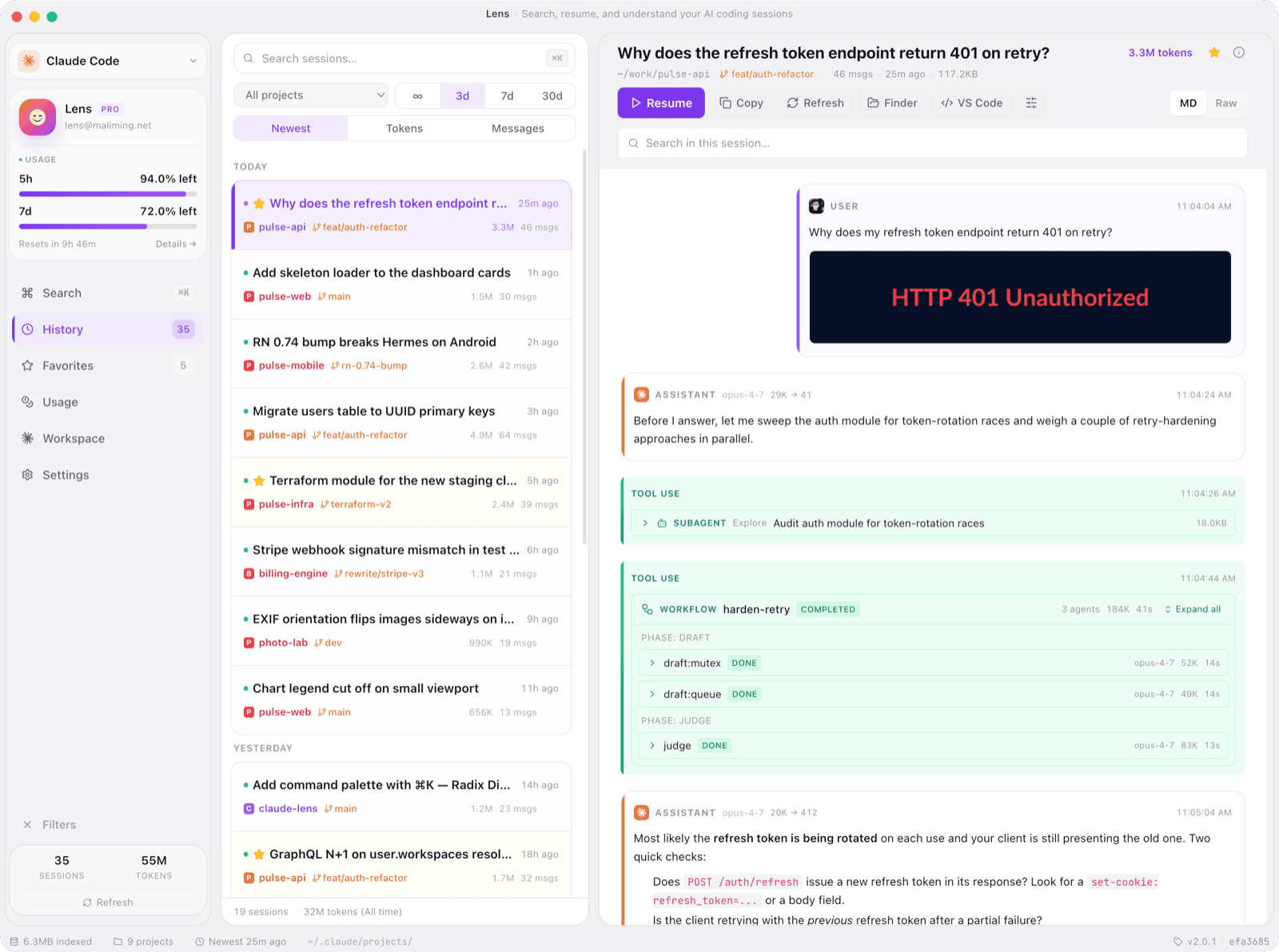 Lens main window — sessions list, conversation detail, code blocks, profile card