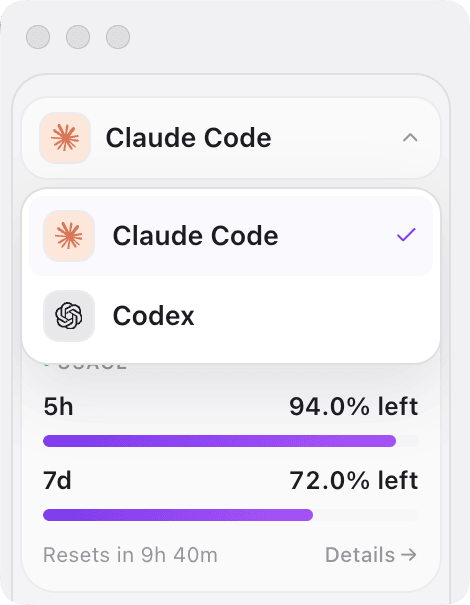 Sidebar source switcher between Claude Code and Codex