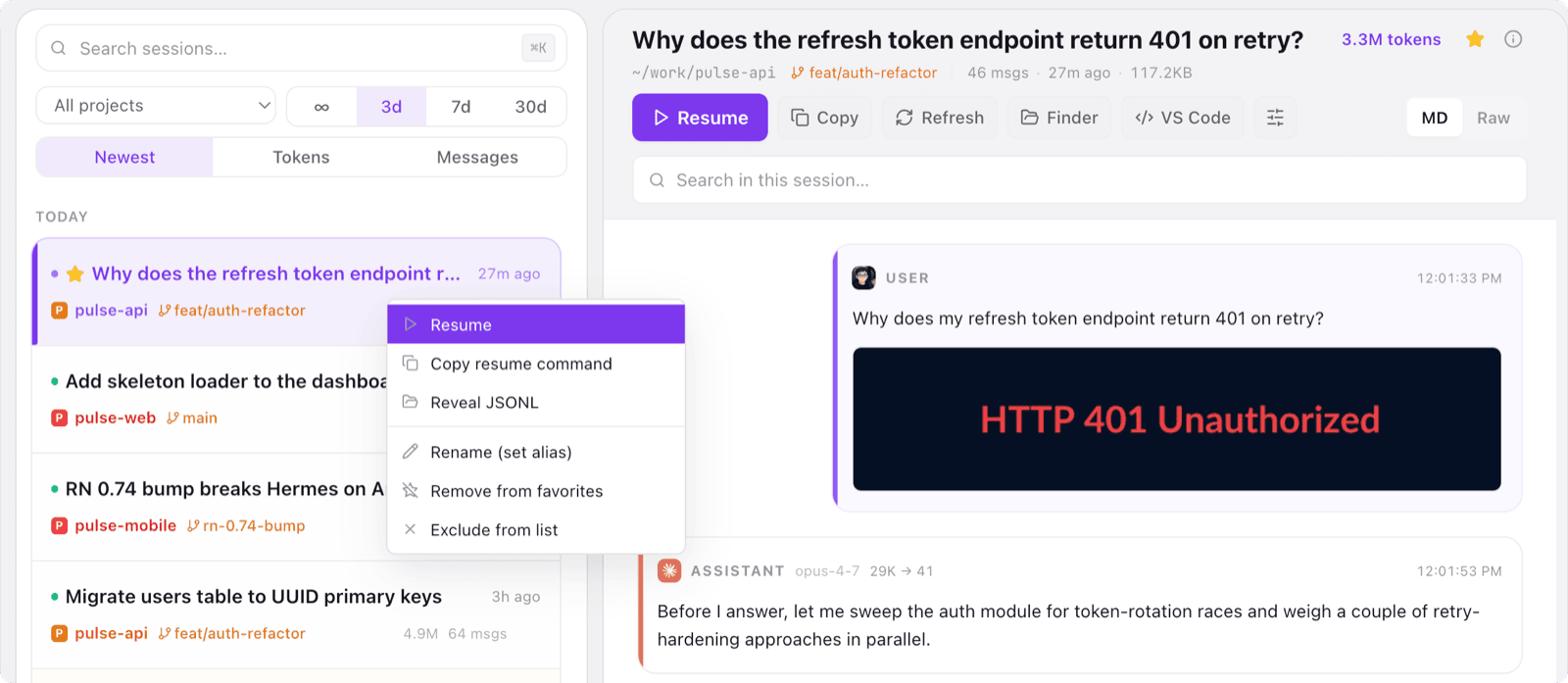 Session header with Resume button highlighted