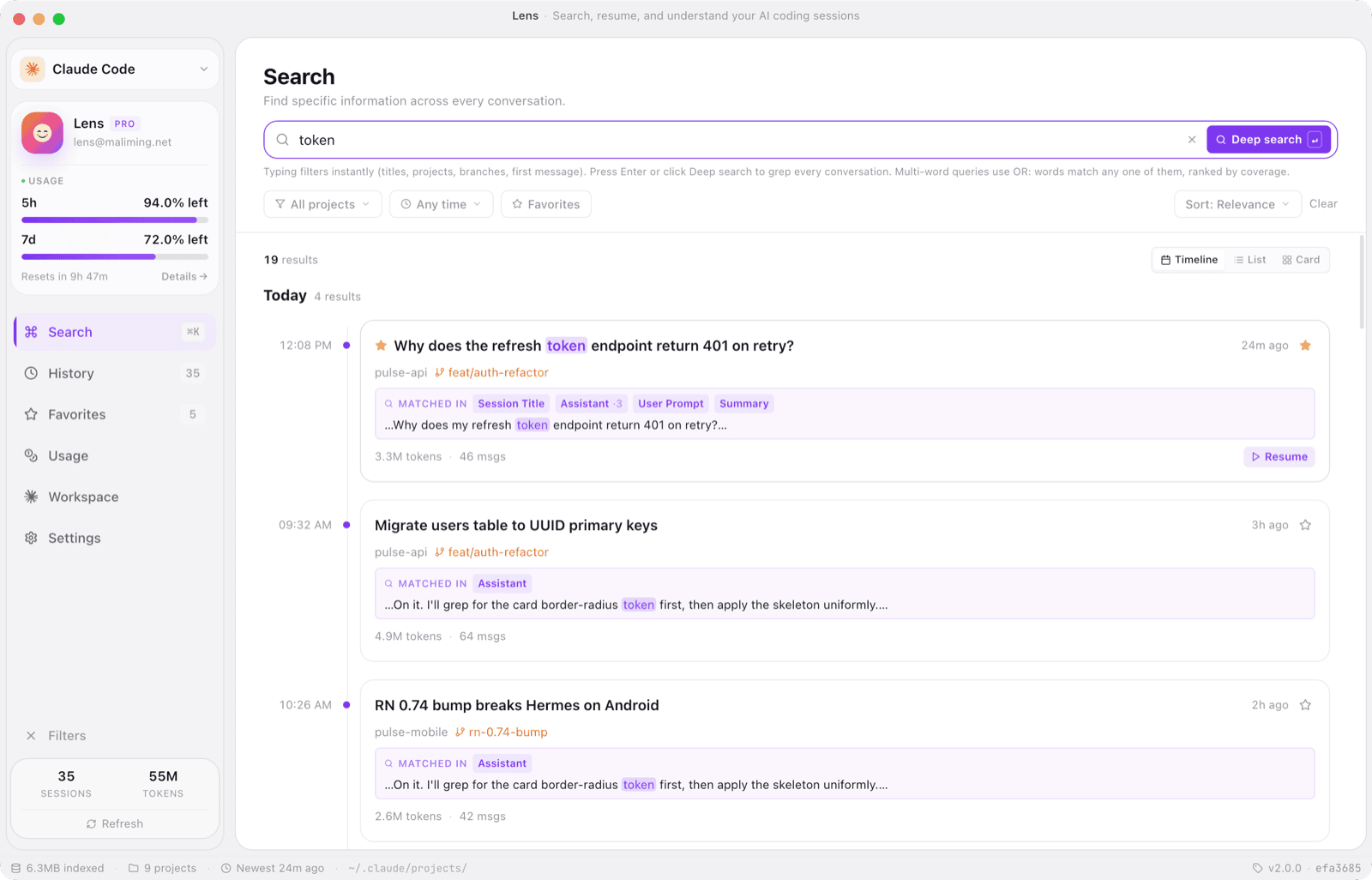 Search view with timeline grouping