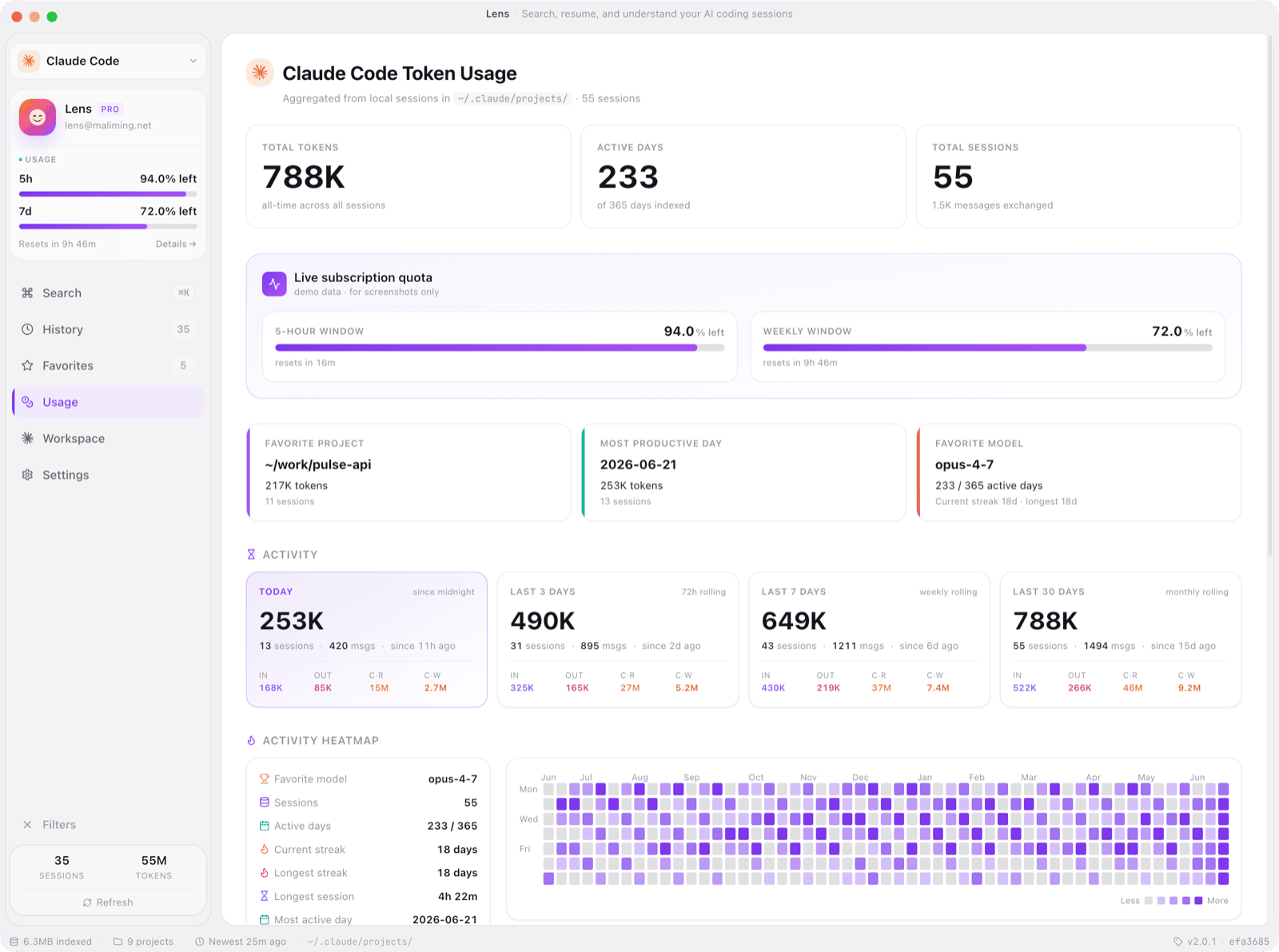 Usage dashboard with hero metrics, live quota, heatmap