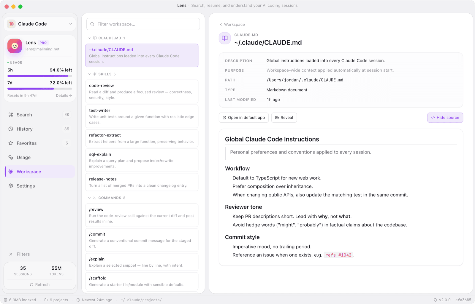 Workspace browser showing CLAUDE.md content
